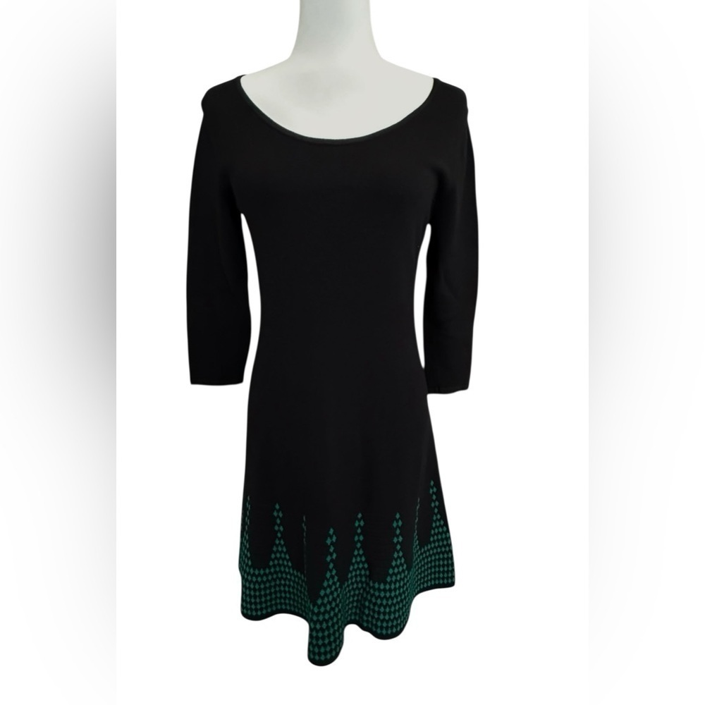 Nine West Black Green Knit SweaterDress S Fit & Flare Scoop Neck Retro Geometric